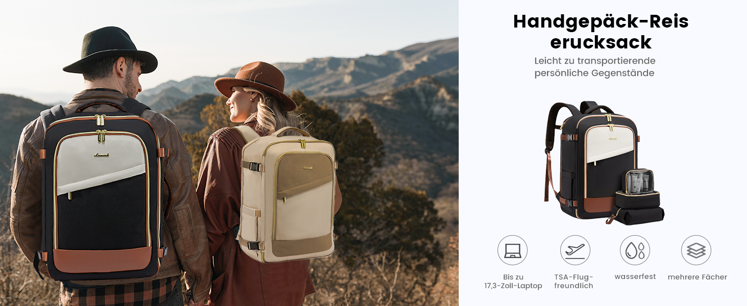 Рюкзак LOVEVOOK для ручної поклажі літака, жіночий водонепроникний рюкзак для подорожей з відділенням для взуття, 17-дюймовий рюкзак для ноутбука, 40L, 45x36x20, ручна поклажа, чорний + бежевий + каштановий