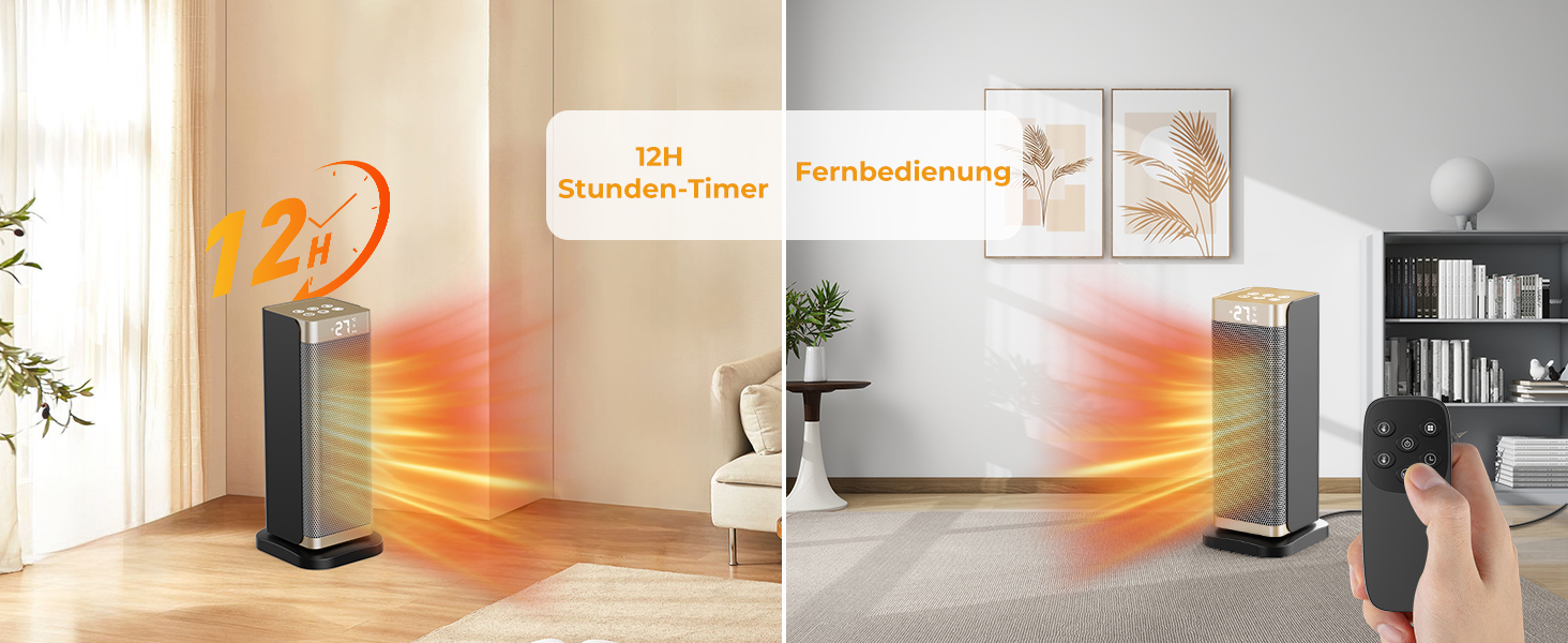 Електричний обігрівач 2000W з енергозбереженням, тихий, 3 режими, PTC кераміка, швидкий нагрів, ECO-режим, пульт ДУ, таймер 12H, поворот 70°, для офісу, спальні, ванної кімнати, золотий