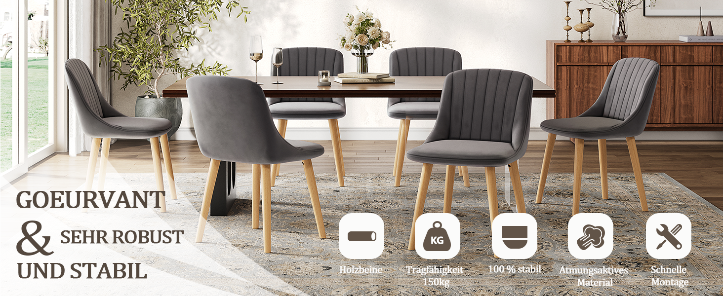 Набір обідніх стільців з дерев'яними ніжками, з м'яким сидінням, для кухні, вітальні, офісу (6 шт., темно-сірий)