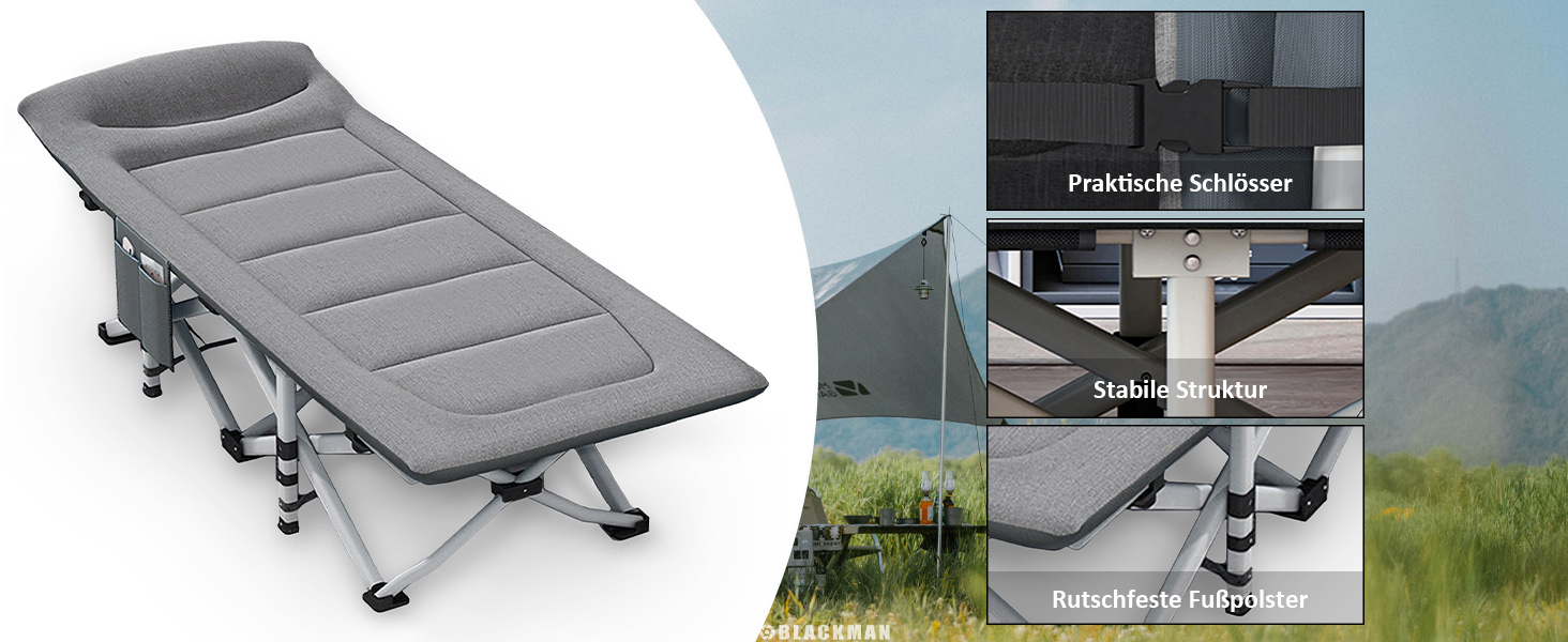 Розкладне кемпінгове ліжко CALIYO з матрацом, 200x80x40 см, витримує до 200 кг, сталевий каркас, тканина Оксфорд, сіре (з сумкою для зберігання)