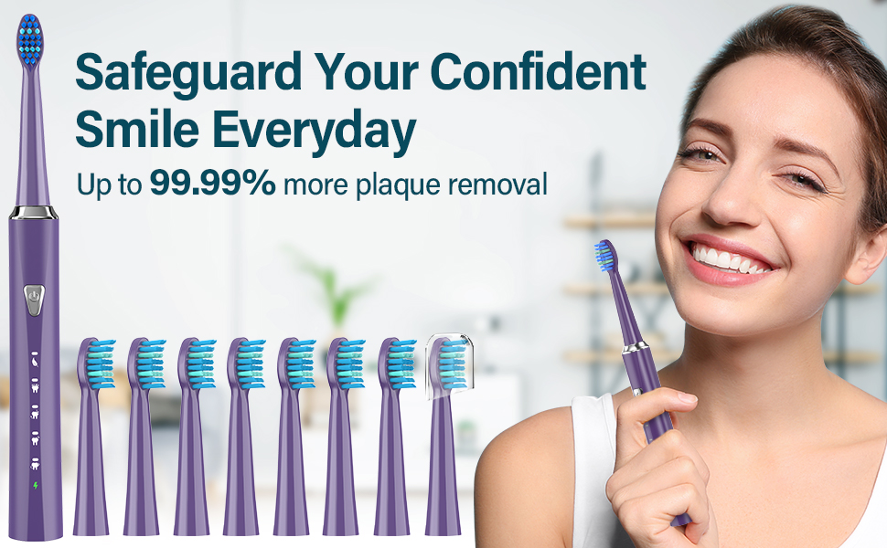 Електрична зубна щітка Coulax для дорослих та дітей з 8 насадками, 5 режимів, таймер 2 хв, фіолетовий