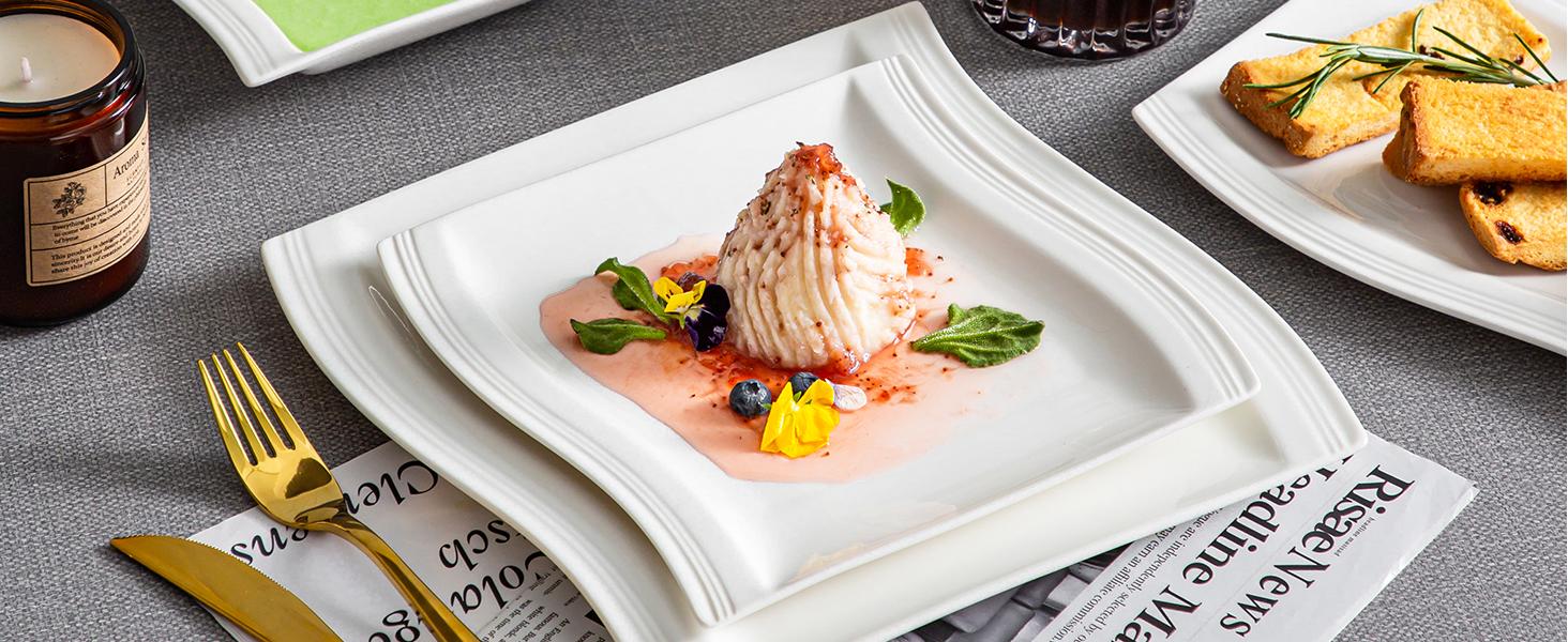 MALACASA Серія Flora – 60-елементний посудний сервіз для 12 осіб – кремово-білий порцелан з квадратним дизайном (тарілки, чашки, блюдця) – підходить для миття в посудомийній машині та для використання в мікрохвильовій печі