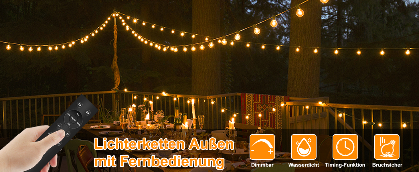 LED гірлянда для вулиці з пультом керування - 15м, 40W, G40, димування, 4 режими, таймер, вологостійка для саду, балкону, тераси, вечірки, кемпінгу, весілля