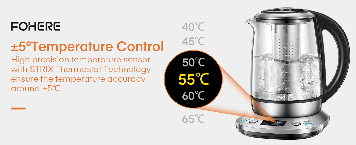 Чайник з налаштуванням температури - Скло чайника FOHERE 2200 Вт - 6 попередніх налаштувань - Функція підтримки тепла на 2 години - Чайник 1,7 л - РК-екран - Базова станція з нержавіючої сталі
