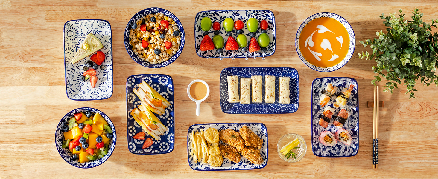 Набір тарілок Vancasso Selene 6 шт, прямокутні порцелянові тарілки для закусок, суші, десертів, фруктів, овочів 22x13 см