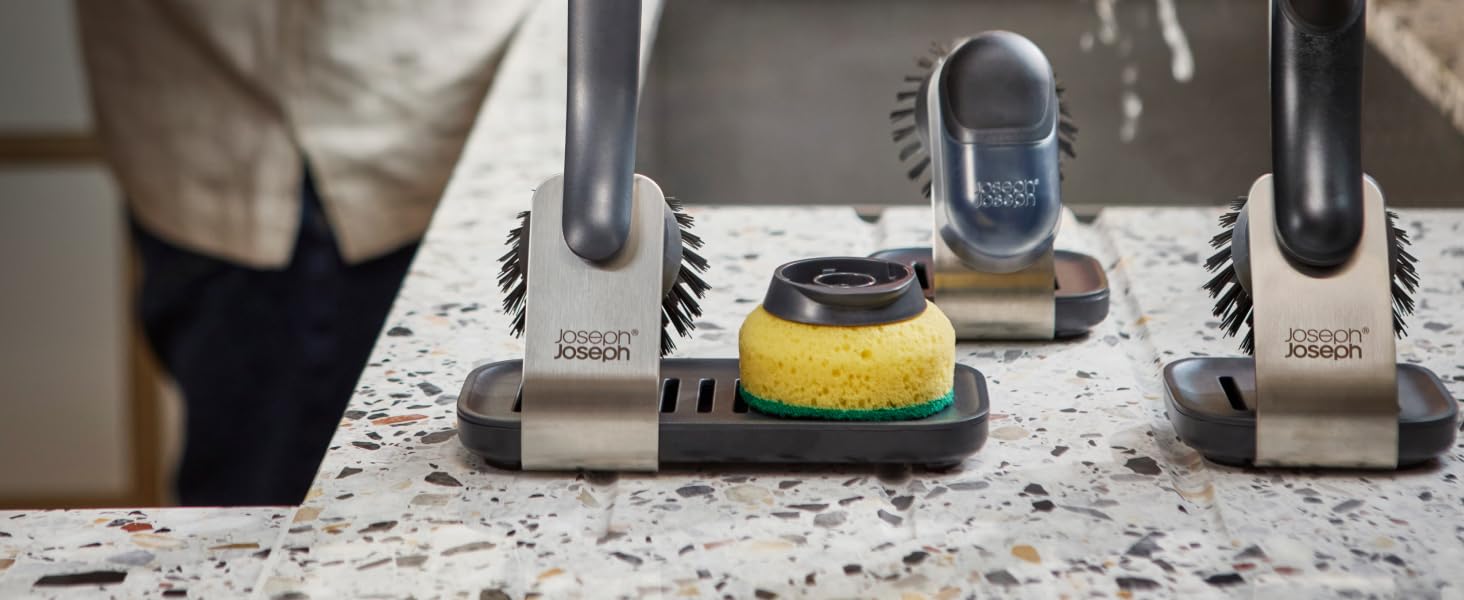 Набір для миття посуду Joseph Joseph SinkTech з підставкою з нержавіючої сталі, міцні щетинки, замінні насадки та підставка для насадок