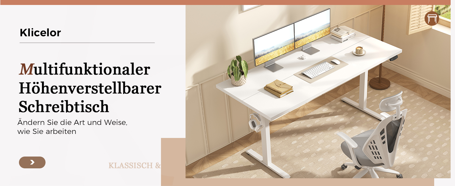 Регульований стіл Klicelor, електричний, стоячи/сидячи, офісний, з пам'яттю, 100 x 60 см, білий