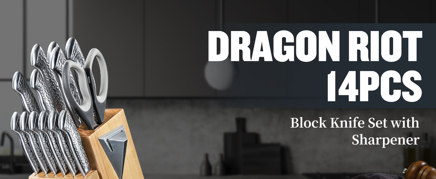 Набір ножів DRAGON RIOT з бруском - 14 предметів, самозаточуваний набір ножів з нержавіючої сталі, професійний японський набір ножів, набір кухонних ножів з бруском, професійний набір ножів з ергономічною ручкою 30 см