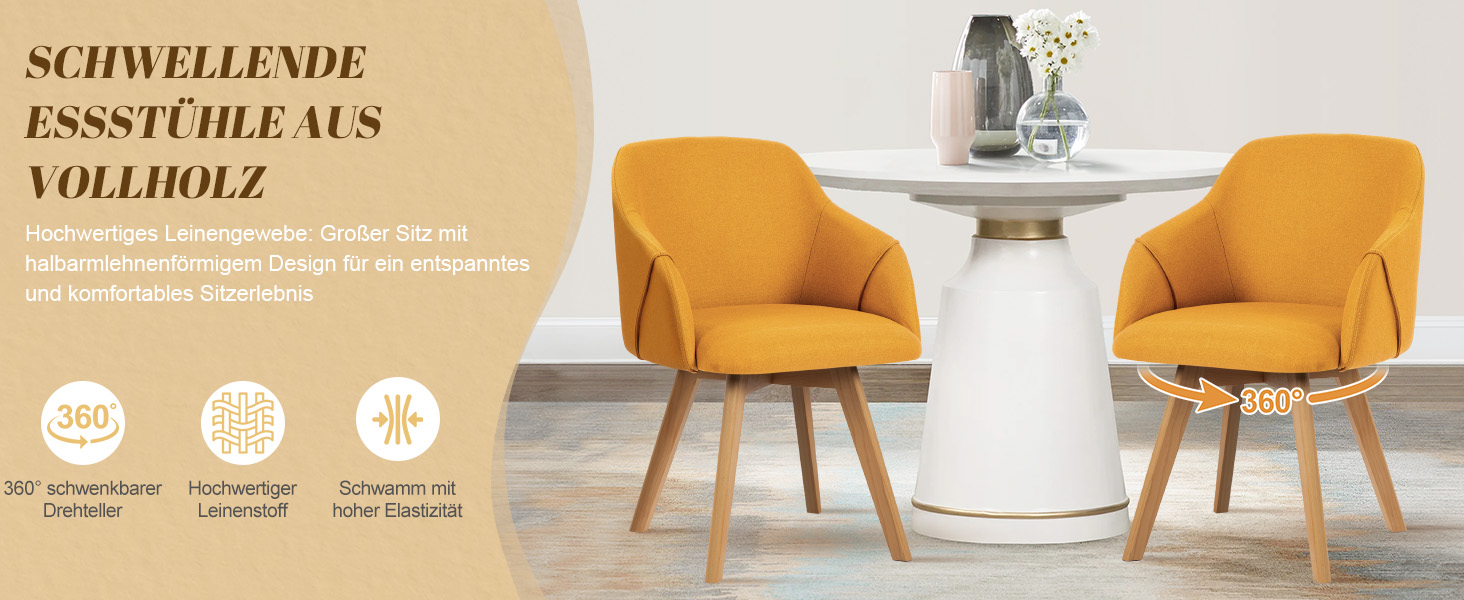 Обідальні стільці Bekrvio (2 шт) з обертанням та підлокітниками – 360° для їдальні, стільці до обіднього столу, обертаються, з м'яким сидінням, з дерев'яними ніжками з масиву бука, жовті, з тканини льон