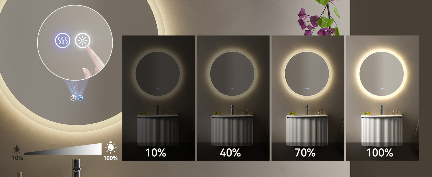 Дзеркало для ванної кімнати HOROW Кругле з підсвіткою 80см LED, регульоване, антизапар, без рами, IP44, 80x80 см