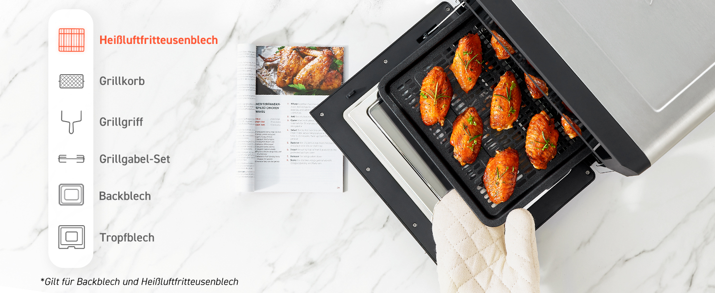 Фритюрниця повітряна COSORI 12L з 11 функціями, сушка, ферментація, подвійне нагрівання, вікно огляду, Airfryer XXL, міні-піч, рецепти, 7 аксесуарів, 220°C, срільно-чорний колір