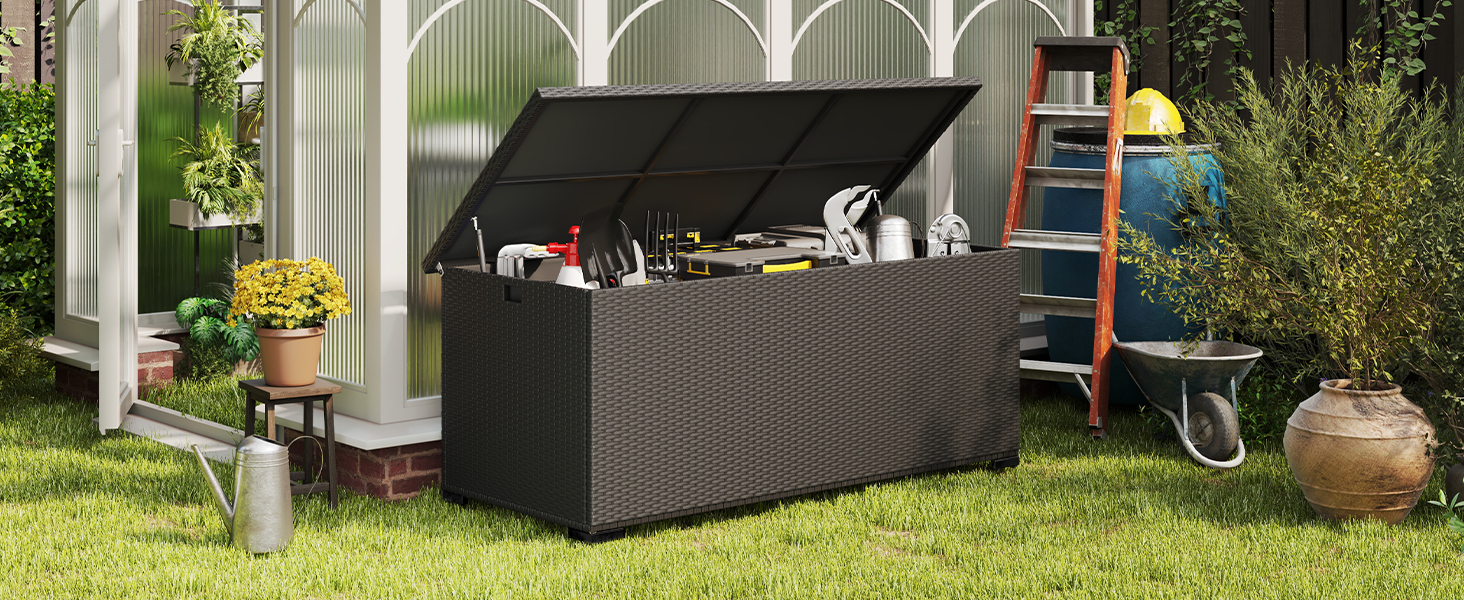 Скриня для подушок садових Polyrattan Amopatio 650л, водонепроникна, з газліфтом, чорна. Ящик для зберігання речей на вулиці для саду, балкону