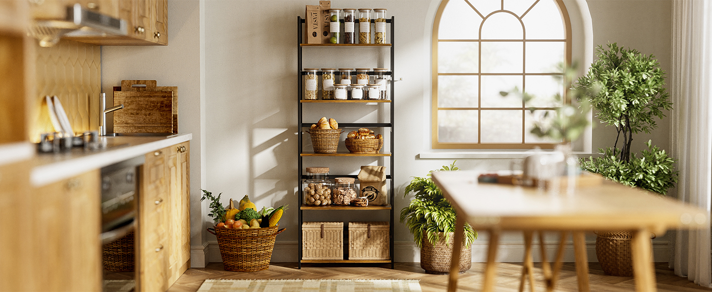 5-ярусна полиця для книг, індустріальна полиця з бамбуковим каркасом, сучасна вітрина, органайзер для зберігання з дерева для вітальні, домашнього офісу, рустикальний коричнево-чорний колір