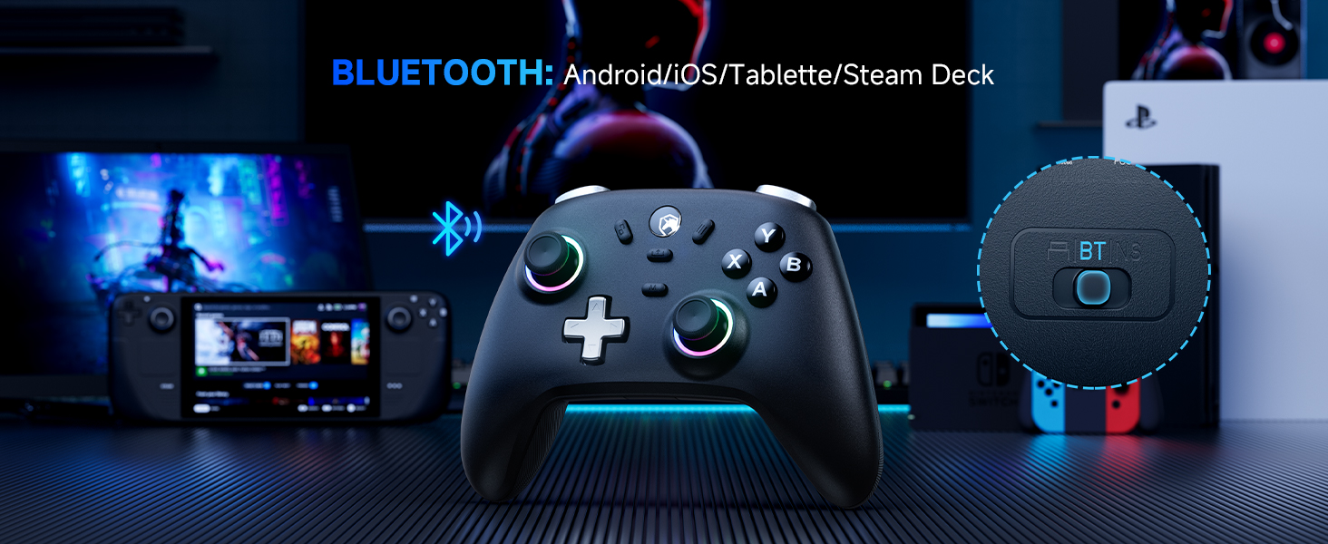 Ігровий бездротовий контролер ECHTPower для PC, Switch, Steam Deck, Android, iOS — RGB підсвітка, Hall-джойстики, Turbo, вібрація, акумулятор 800mAh (Чорний)