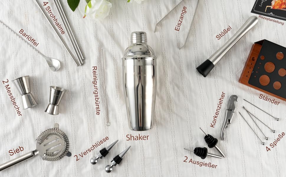 Набір бармена на 23 предмети: шейкер, сито, ложка, мадлер та інші інструменти для приготування коктейлів. Ідеально для дому, бару, вечірки (колір: коричневий)