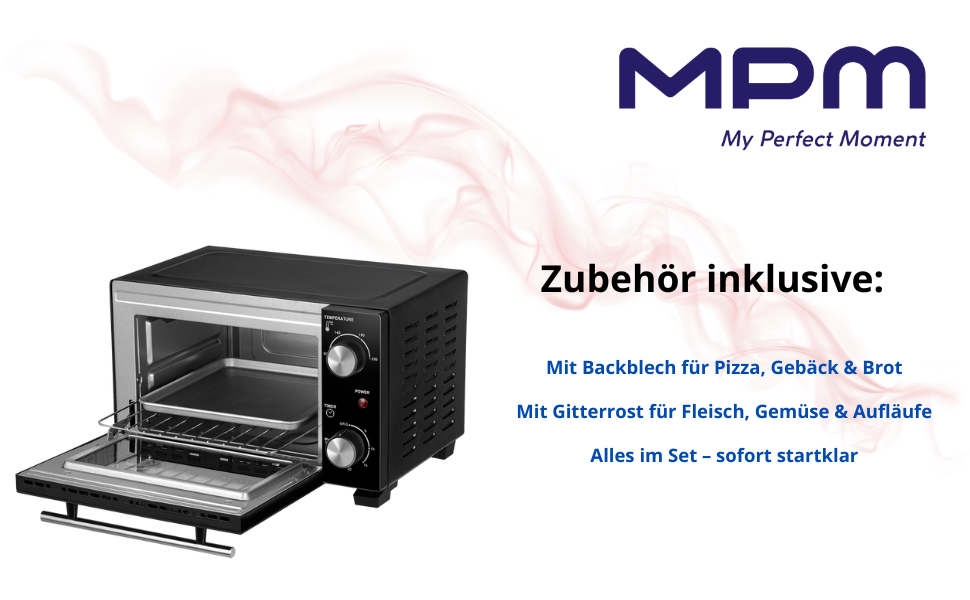 Міні-духовка MPM MPE-13, 10 л, з верхнім та нижнім нагрівом, чорна, з деко та решіткою, 4-рівневе регулювання температури 90-230°C, для піци