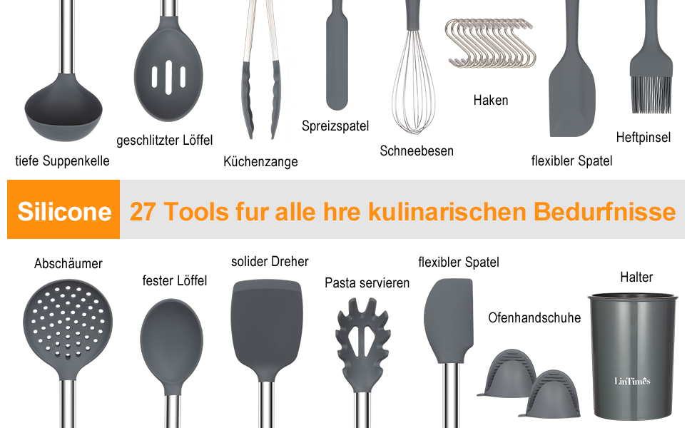 Набір посуду LinTimes набір з 13 термостійких силіконових шпателів з антипригарним покриттям і контейнером для зберігання, Набір столових приладів для приготування їжі з ручкою з нержавіючої сталі, чорний
