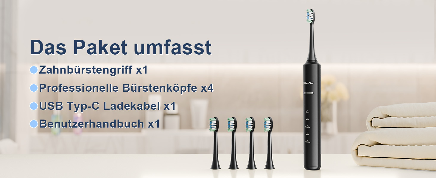 Електрична зубна щітка Betterchoi з магнітною левітацією, 41 000 VPM, 4 насадки, IPX7, 180 днів роботи, 5 режимів, таймер, чорна