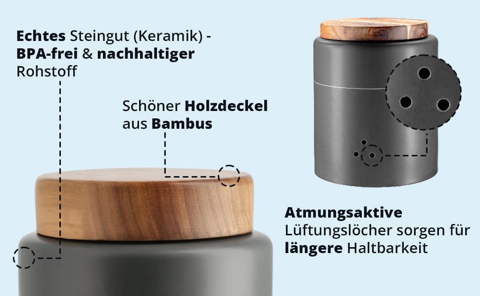 Набір для зберігання картоплі, цибулі та часнику KHG, 3 шт., кераміка, бамбукові кришки, сірий антрацит, об'єм 3 л та 1,5 л