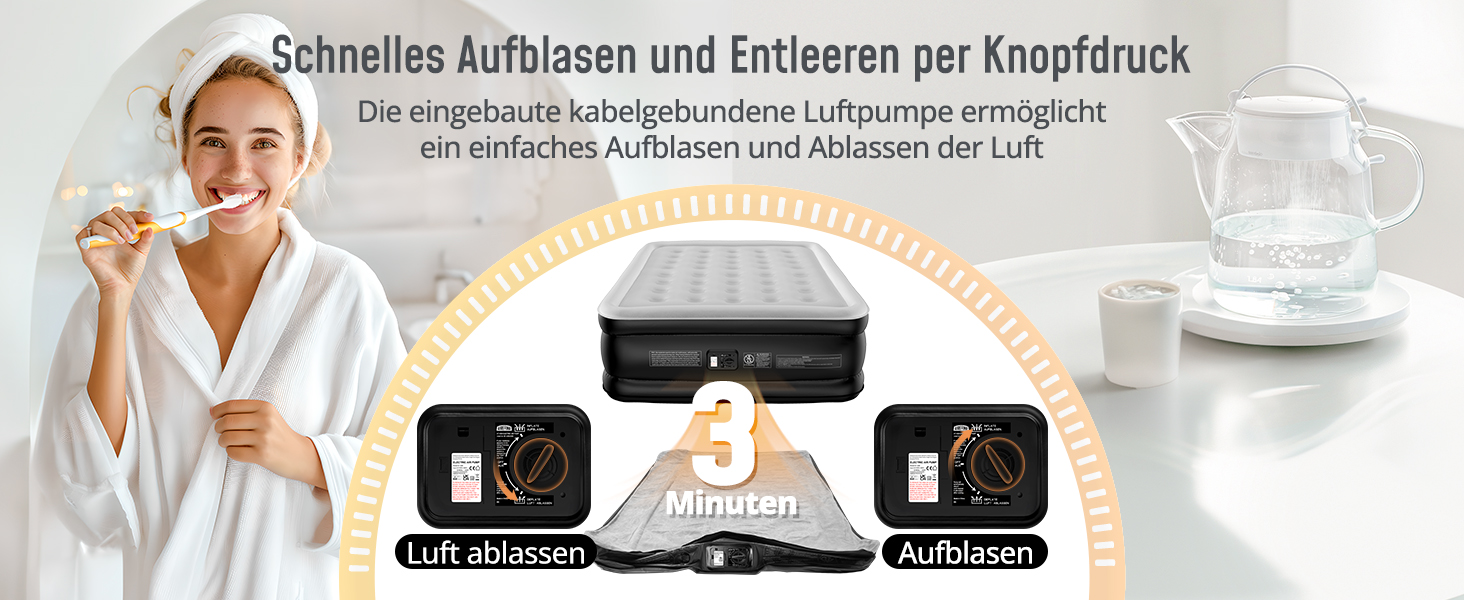 Надувне ліжко Airefina на 2 особи з самонадувною системою та вбудованим насосом, для кемпінгу та дому, міцне гостьове ліжко - 203 x 152 x 46 см