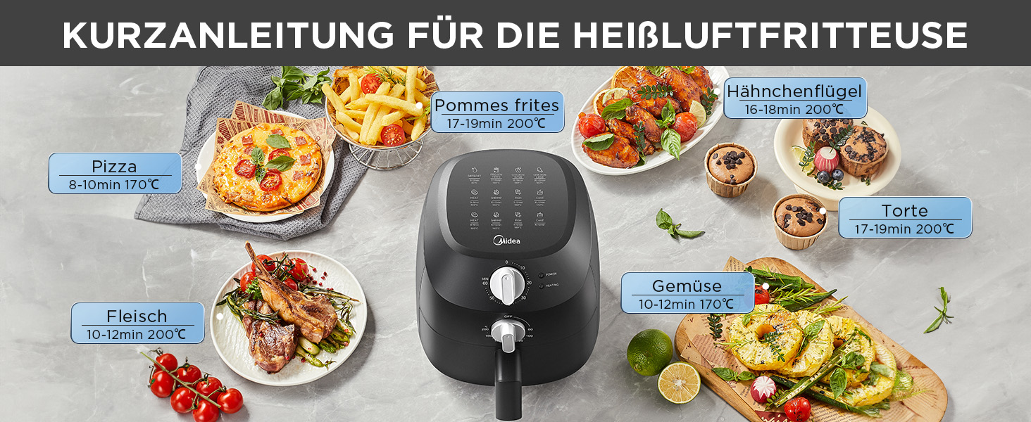 Фритюрниця без олії Midea 2L, 1150W, Airfryer, автоматичне вимкнення, легко чистити, BPA-free, чорний