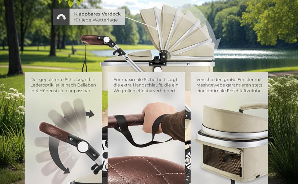 Дитяча коляска Tectake 2 в 1: розкладний візок-ліжко з підніжкою, тримачем для напоїв, люлькою та дощовиком (сірий/бежевий)