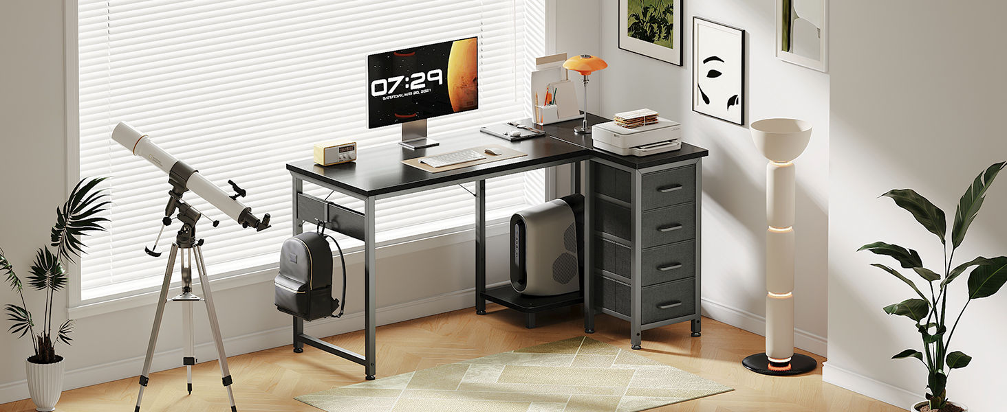 Комп'ютерний кутовий стіл Coleshome 100x70 см з 4 шухлядами, білий. Регульований стіл для офісу, кабінету, спальні. Розміри: 100x70 см, 120x70 см (чорний)