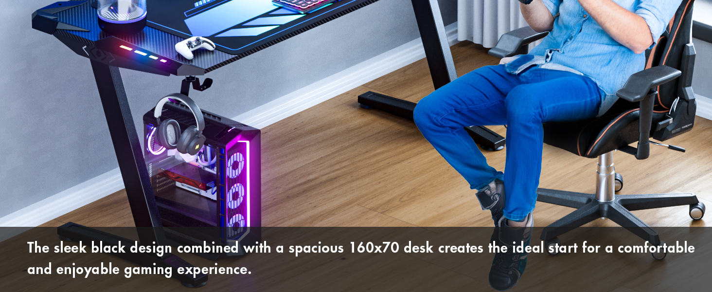 Ігровий стіл Himimi 160x70 см з LED-підсвічуванням, чорний, з коробкою для кабелів, тримачем для напоїв та гачком для навушників