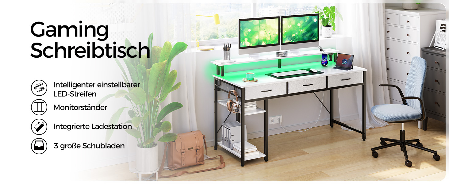 Письмовий стіл Seventable з шухлядами, комп'ютерний стіл з розетками та LED, геймерський стіл з підставкою для монітора, полицею та 2 гаками, для офісу/вітальні (білий, 137 см)
