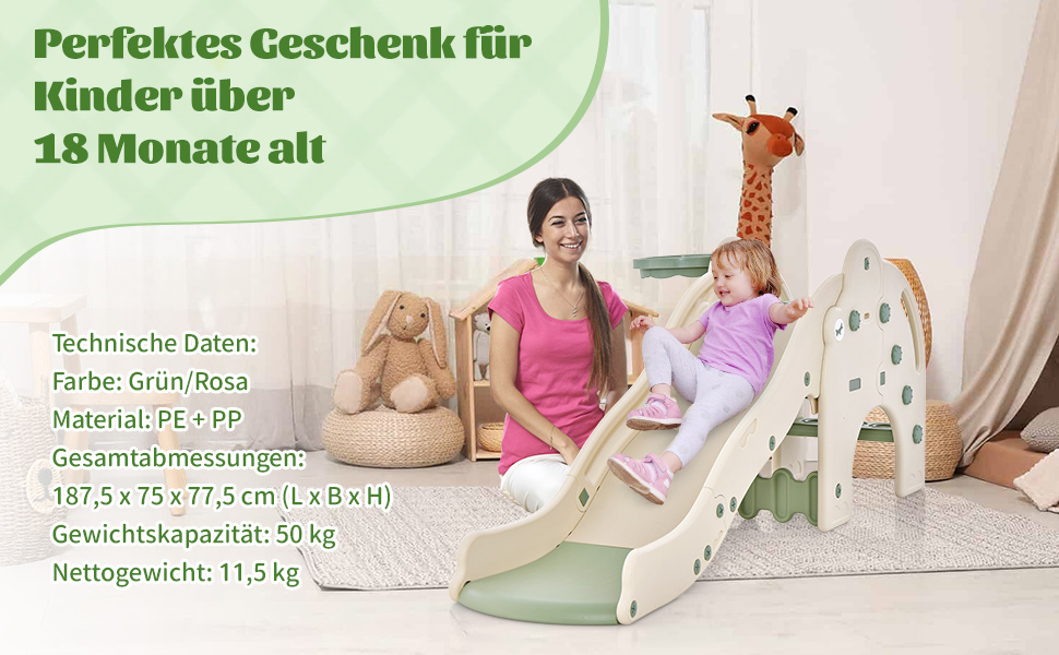 Дитяча гірка COSTWAY 4-в-1 з тунелем, баскетбольним кільцем та драбинкою, зелена, для дітей від 18 місяців