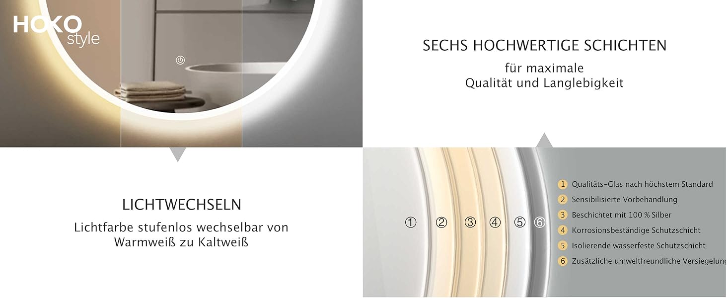 Дзеркало для ванної кімнати HOKO Design Riga, кругле, 60 см, з металевим каркасом, LED-підсвічування, сенсорне управління, регулювання кольору світла (80x80 см, срібло)