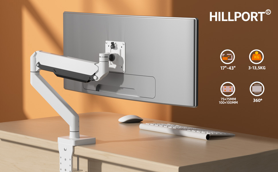 Тримач для монітора Hillport M7P: 17-43 дюйми, VESA 75/100 мм, до 13.5 кг