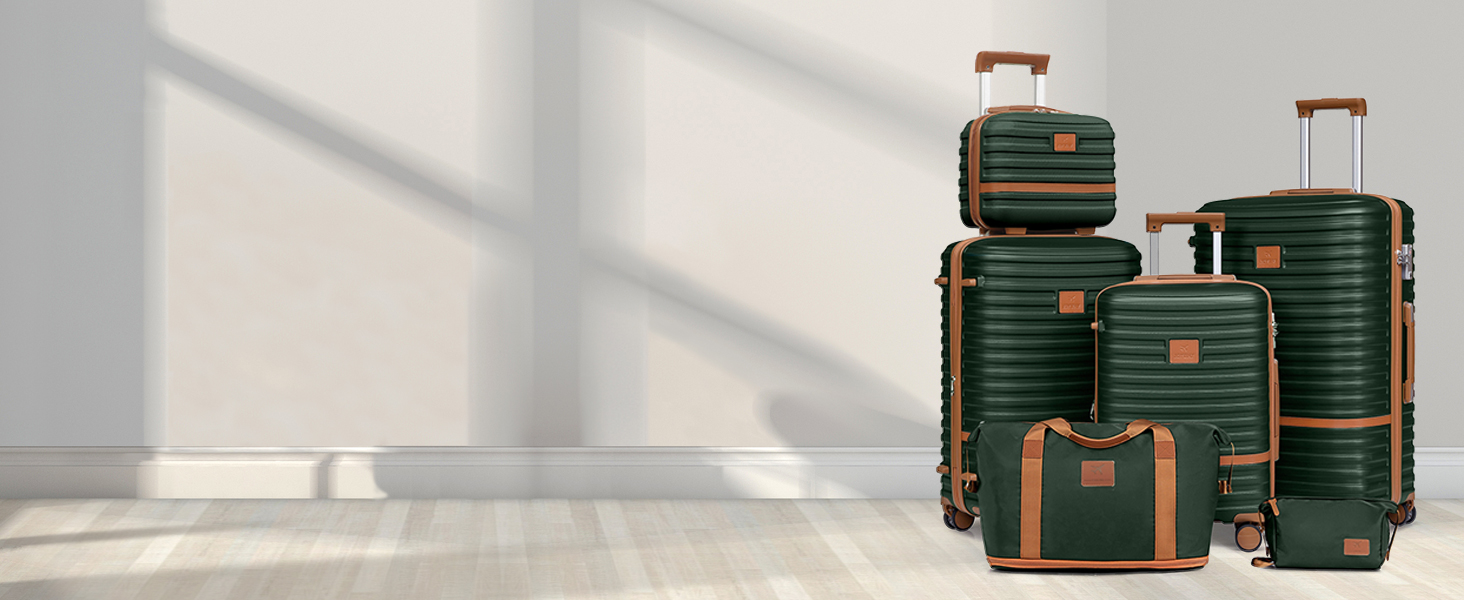 Набір валіз Joyway 6-ти частинний, з жорстким корпусом, beauty case, косметична сумка, 4 колеса, TSA-замок, для подорожей, коричневий/зелений