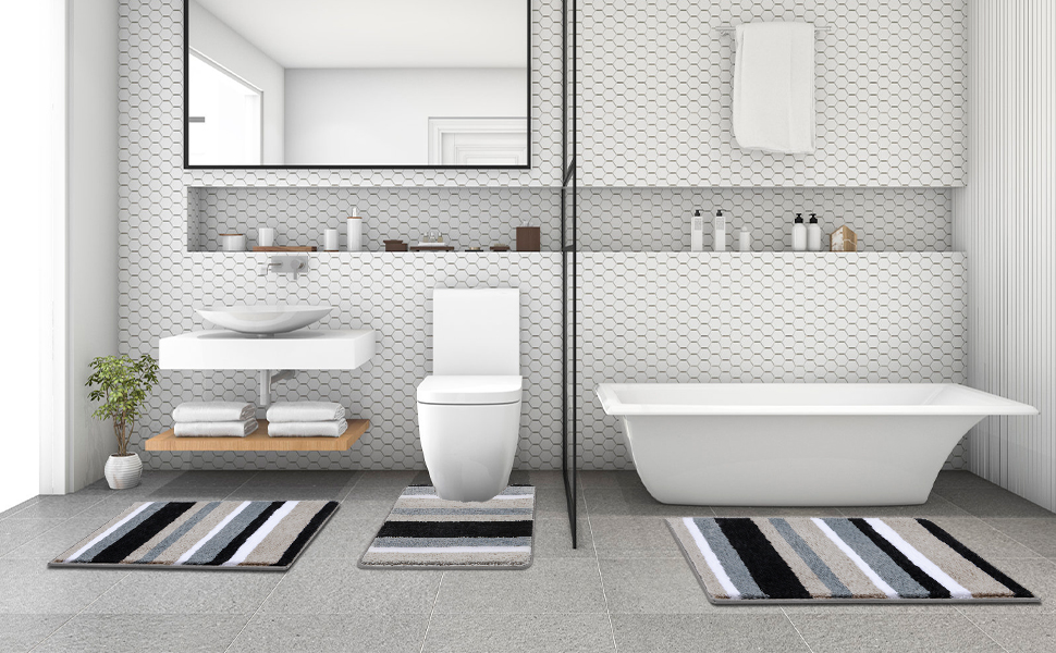 Набір килимків для ванної кімнати Pauwer: 3 шт. з мікрофібри, антиковзаючі, швидковисихаючі, для душу, ванни та туалету (Чорний). Розміри: 50x80 см + 45x65 см + 50x60 см