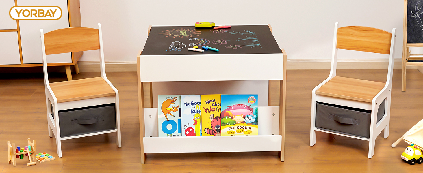 Дитячий стіл Yorbay з 2 стільцями: дерев'яний меблевий набір 3 в 1 з місцем для зберігання та полицями, для дитячої кімнати, ігрової кімнати, дошкільнят (натуральний колір)