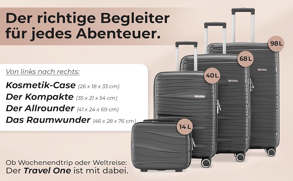 Валіза Travel One Hartschalen – Набір валіз 3 шт (32/60/98л), кодовий замок, 360° колеса, антрацит