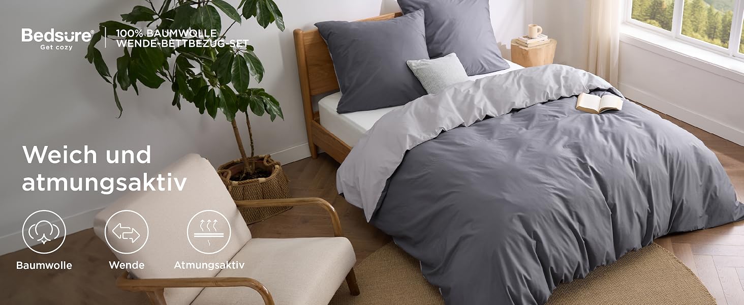 Комплект постільної білизни BEDSURE з бавовни, 4 предмети, 135x200 см, темно-сірий/сірий (2 наволочки 80x80 см)