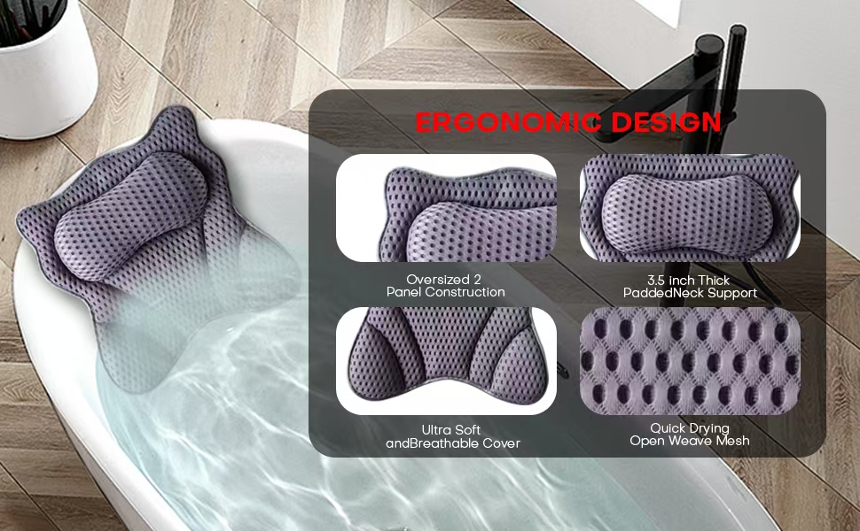 Подушка для ванни 4D Luxus, для голови, шиї, плечей та спини, ергономічна, з 6 присосками, для джакузі та домашнього спа (Чорний)