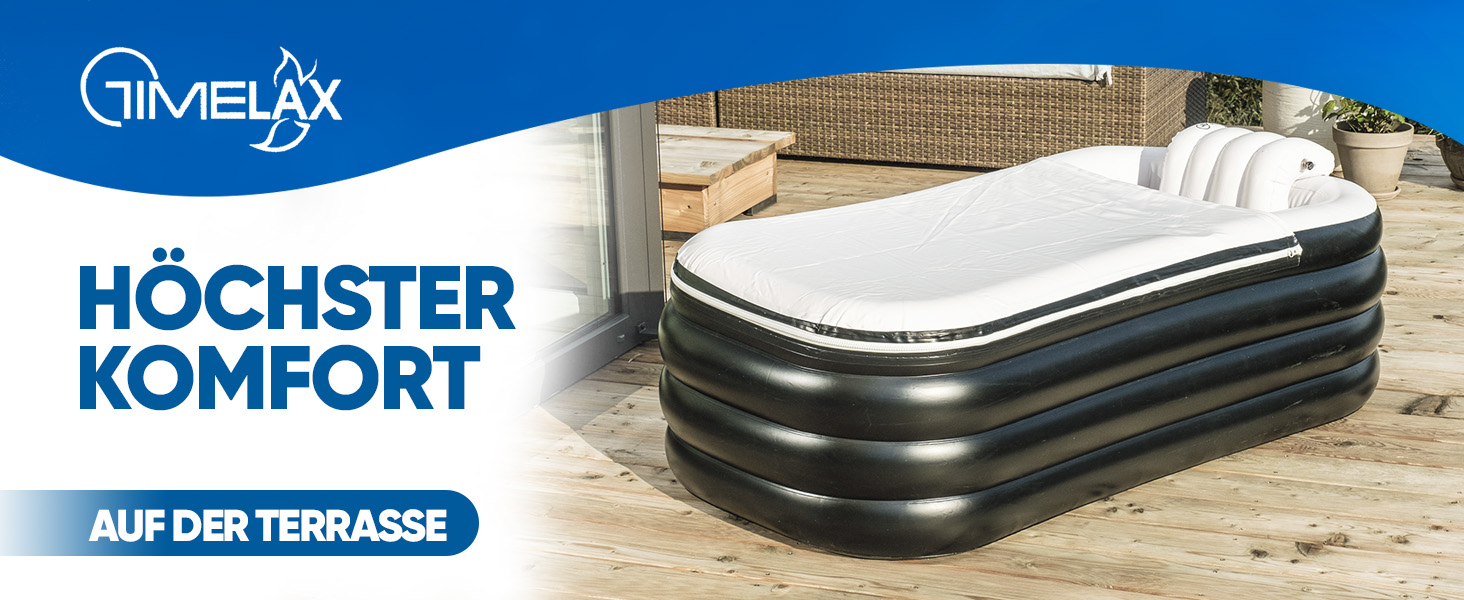 Надувна ванна TIMELAX® XL з ергономічною спинкою, 0,5 мм PVC, без BPA | Мобільна ванна для дорослих, чорна