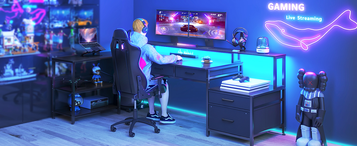 Комп'ютерний стіл Coleshome L-подібний з ящиками, 195x100 см, з розеткою, LED-підсвічуванням та підставкою для монітора, геймінговий стіл, чорний