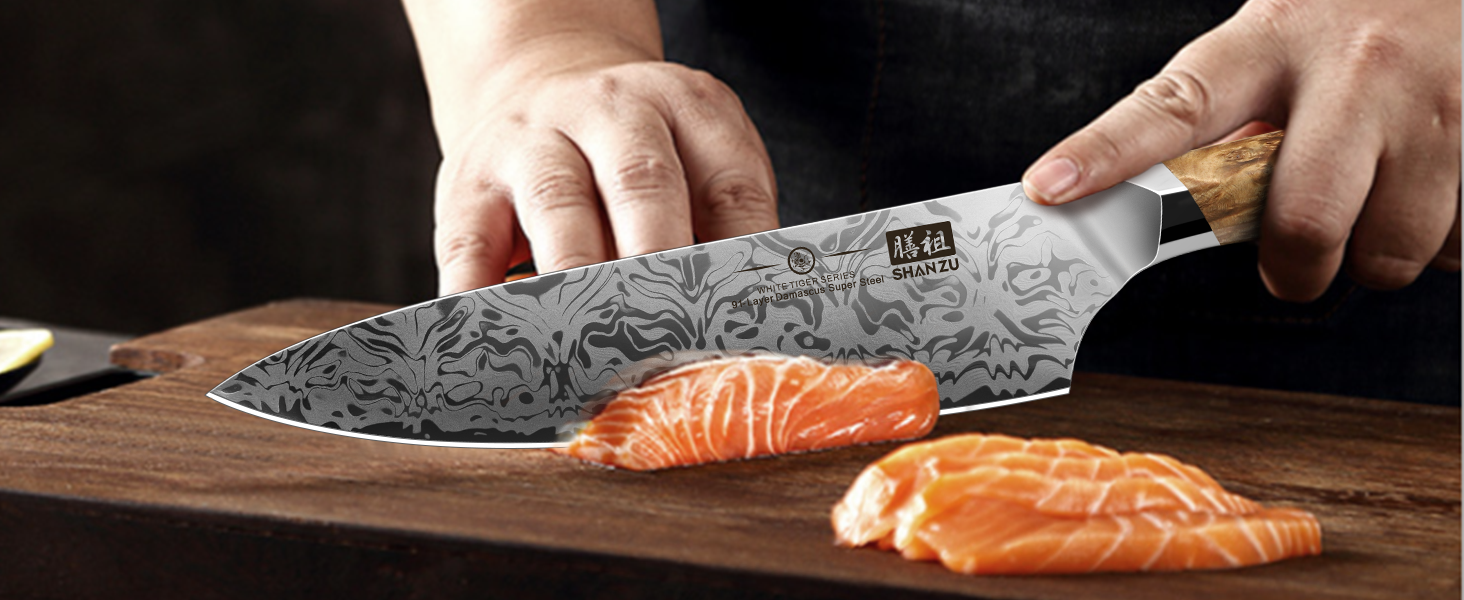 SHAN ZU Кухонний ніж Шеф-кухар, Японський ніж Дамаск з порошкової сталі SG2, Ручна ковка, 91 шар Дамаск, 20 см, професійний ніж з ахонним руків'ям, серія WHITE TIGER