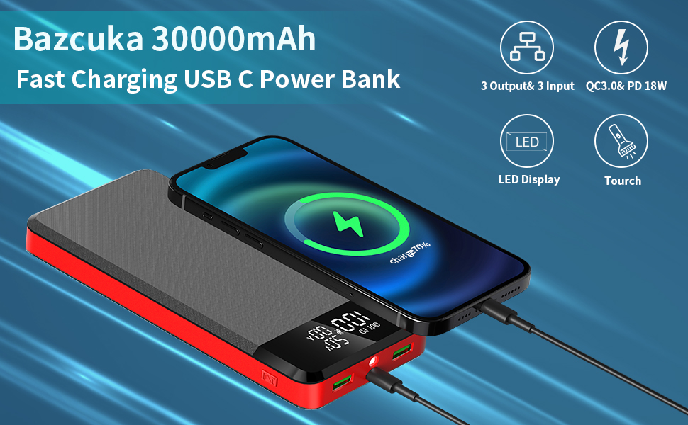 Входи/виходи, LED-дисплей, ліхтарик, сумісний зі смартфоном, 30000mAh 25W PD3.0, USB C, 3