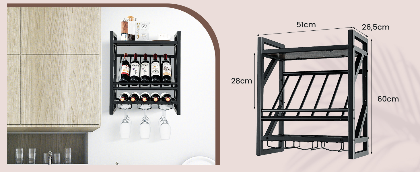 Стильна полиця для вина Komfotteu на стіну, дерев'яна з металевим каркасом, з тримачем для келихів, 60 x 20 x 55 см