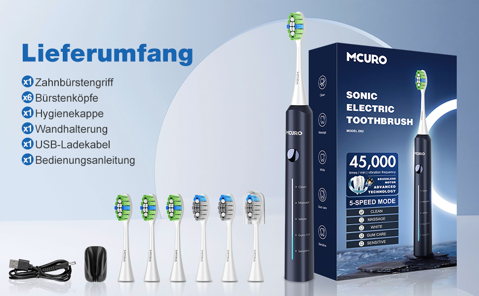 Електрична зубна щітка звукового типу, 45000 VPM, відбілювання за 1 тиждень, 120 днів роботи від акумулятора, індикатор заряду, 6 насадок DuPont, 5 режимів, таймер, (блакитна)