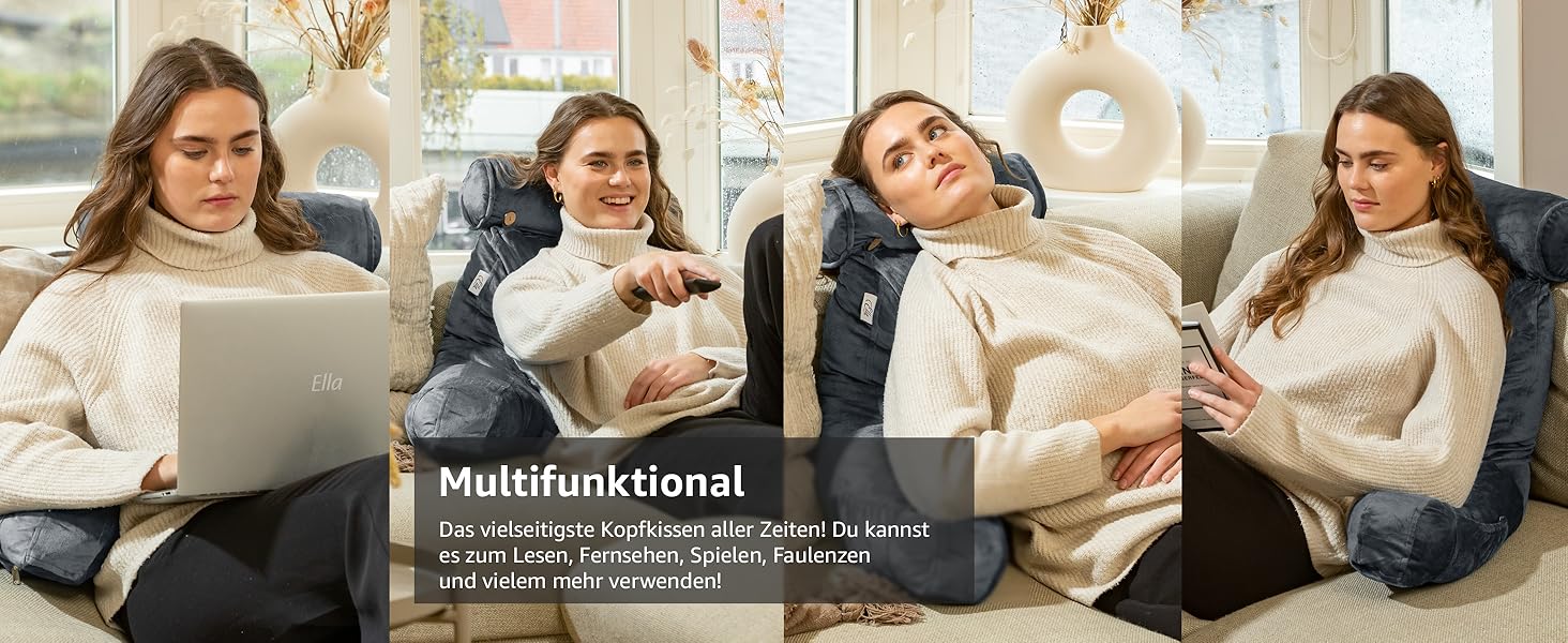 Подушка для читання Ella Lesekissen для ліжка та дивана з знімною подушкою для шиї - подушка для спини - подушка для читання з піною з пам'яті з підлокітниками, ідеально підходить для читання, перегляду телевізора, лінощів або як підтримка спини - сіра