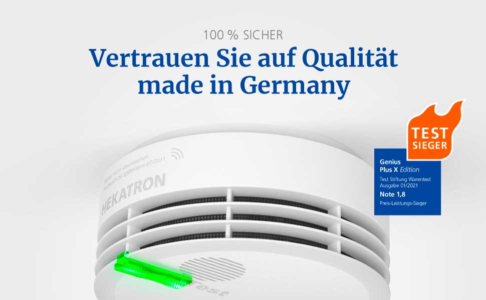Hekatron Genius Plus: Детектор диму з 10-річним терміном служби батареї, переможець Stiftung Warentest, Made in Germany, з клейкою підкладкою, з підтримкою додатку, багатомовний, 1 шт. (радіодетектор диму з радіомодулем)