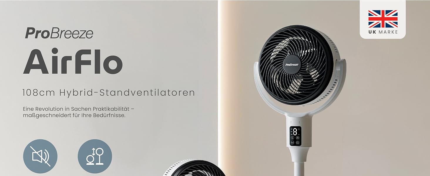 Вентилятор Pro Breeze AirFlo Standventilator 109 см – тихий вентилятор з пультом та LED-дисплеєм, 2 режими, осциляція, 29 дБ, регульована висота, енергоефективний для спальні, офісу та дому