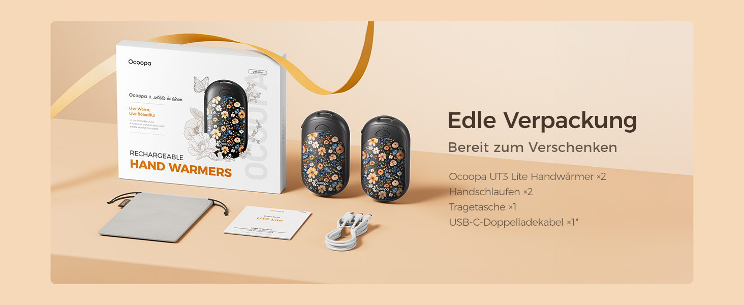 Електричні грілки для рук Ocoopa 2 шт. з магнітною основою, 5000mAh, 3 режими нагріву, компактні, для рукавичок, сумок, зимові аксесуари, подарунок для чоловіків та жінок (Lila_Weiß, Painted in Bloom (Ocoopa x Artist in Bloom)_Schwarz)