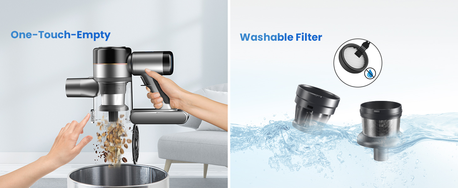 Акумуляторний пилосос Dzaki 45KPa бездротовий без мішка з дисплеєм, антинамотувальна щітка, 55 хв роботи, знімна батарея, для твердих поверхонь, шерсті тварин, килимів, авто (Золотистий сірий)