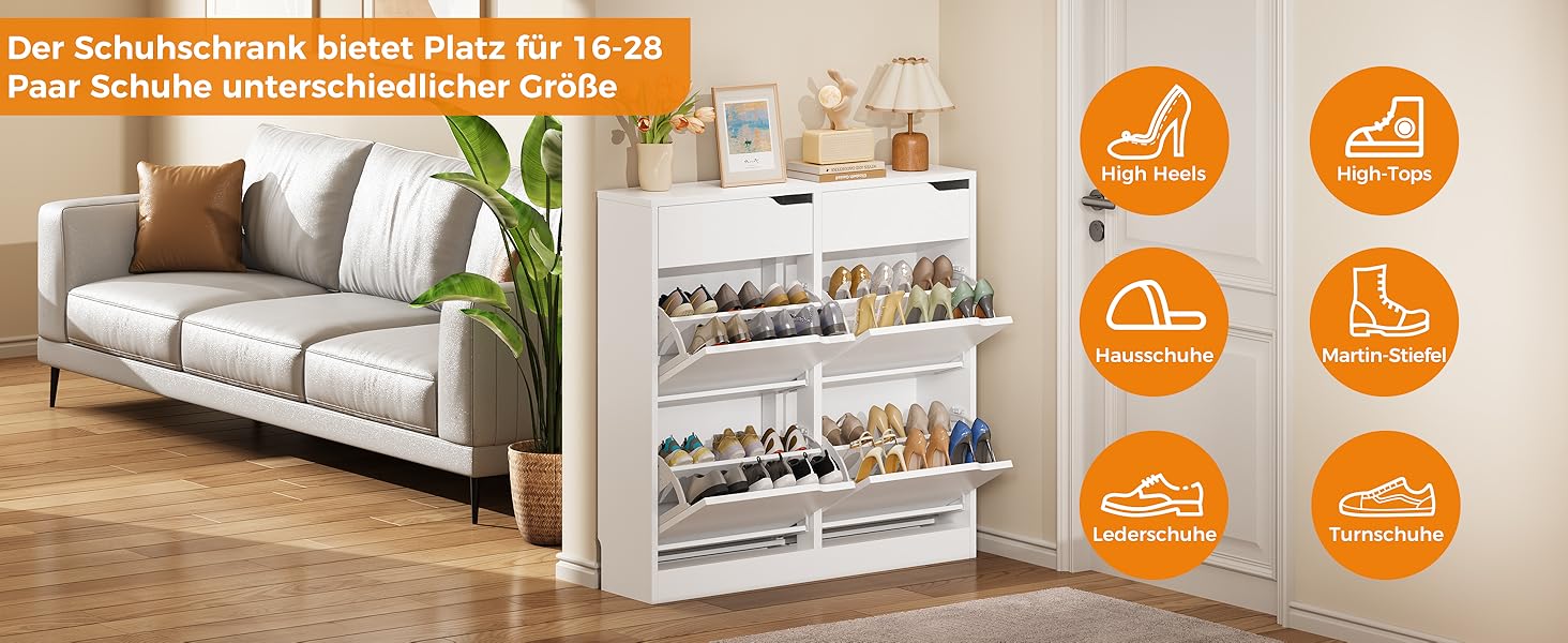 Шкаф для взуття IRONCK з 4 дверцятами, вузький, з 2 висувними ящиками, окремо розташований, з регульованими перегородками, для передпокою, входу та вітальні (Білий) 100*23.5*98 см, Білий